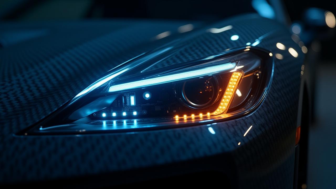 Close-up of high-precision electronic circuit board and modern automotive headlight assembly