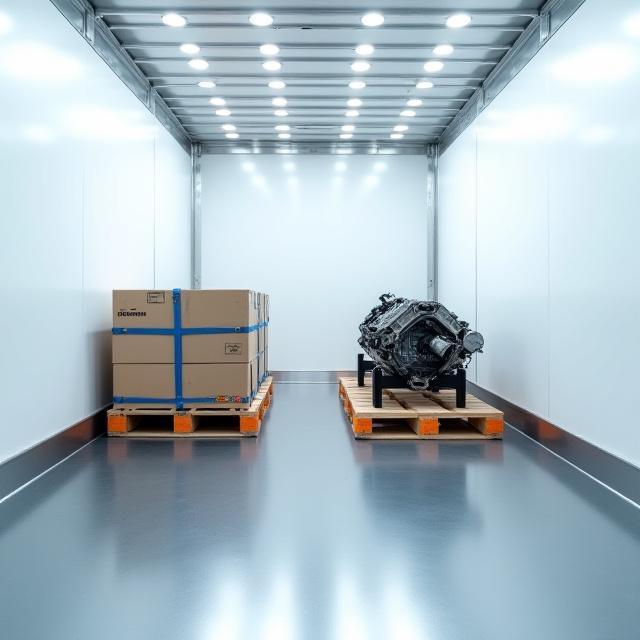 Internal view of a clean cargo truck with meticulously strapped high-tech freight palettes