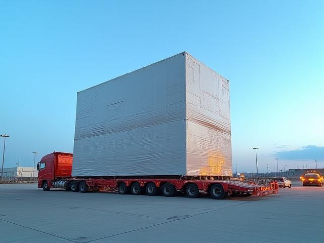 Massive industrial manufacturing press secured on a lowboy trailer