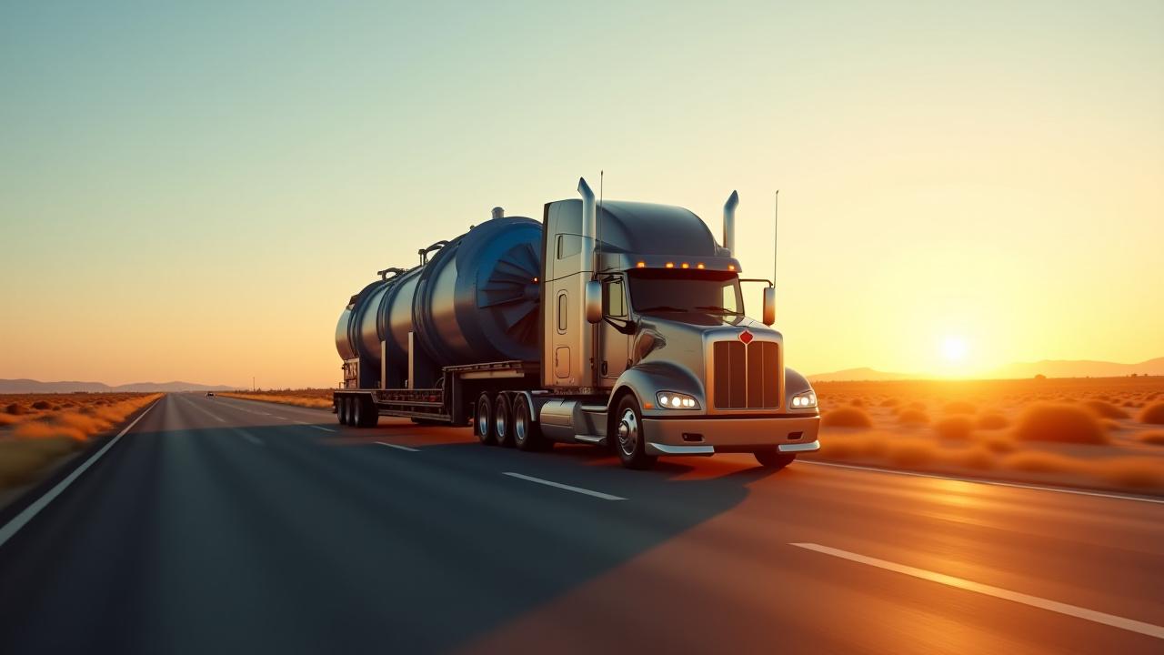 Heavy haul truck carrying industrial equipment on an open highway