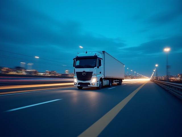 Modern semi-truck driving under warehouse lights at night