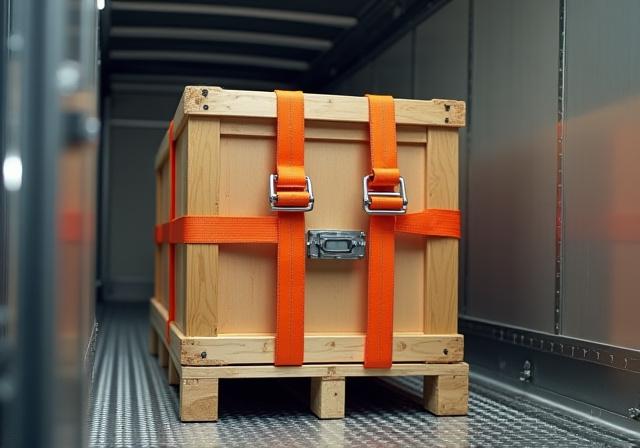 Close up of secure cargo strapping in a clean trailer