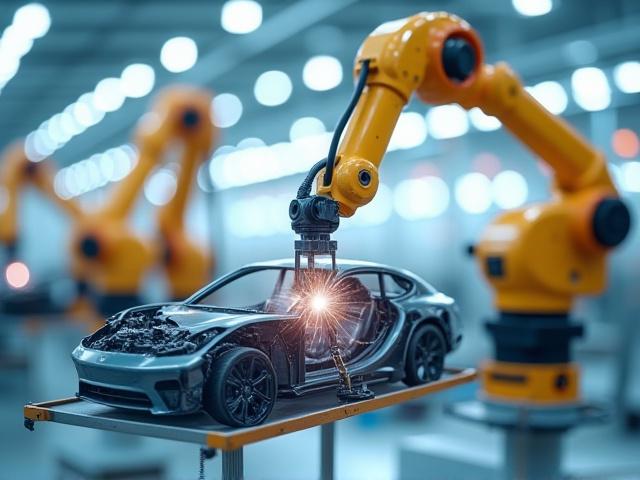 Robotic arms in a modern automotive assembly line supported by Anubiss logistics